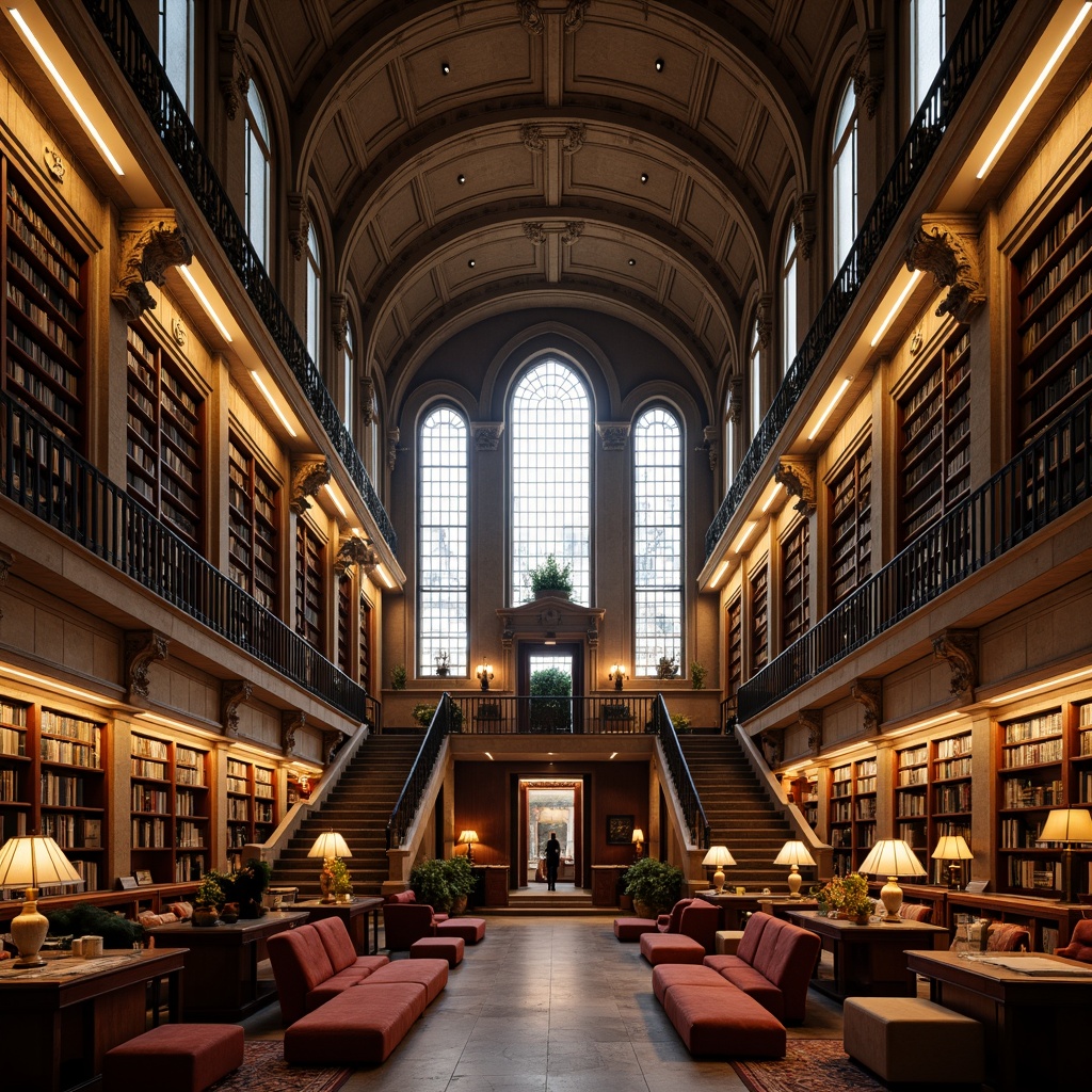 Prompt: Grand library facade, ornate stone carvings, intricately designed arches, stained glass windows, majestic entrance doors, sweeping staircases, warm golden lighting, rich wood paneling, plush velvet furnishings, vintage bookshelves, classic reading lamps, soft misty atmosphere, shallow depth of field, 1/1 composition, symmetrical framing, warm color palette, subtle texture details, ambient occlusion.