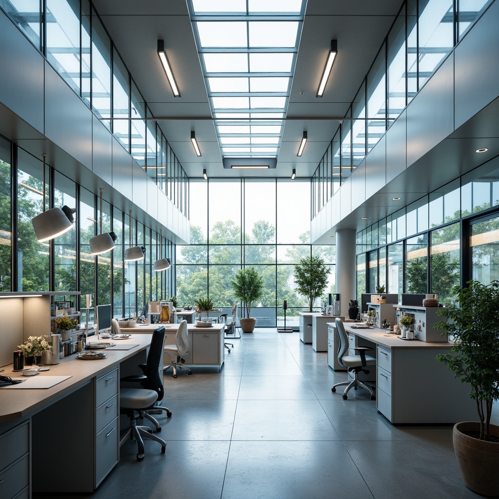 Prompt: Modern laboratory interior, abundant natural light, large skylights, clerestory windows, transparent glass walls, minimalist decor, sleek metal equipment, industrial-style lighting fixtures, polished concrete floors, neutral color palette, ergonomic workstations, adjustable task lighting, soft diffused illumination, 1/1 composition, shallow depth of field, realistic textures, ambient occlusion.