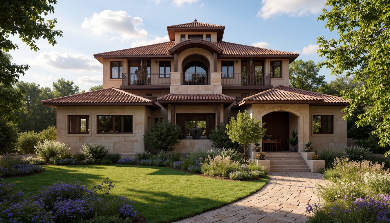 Prompt: Rustic barn, renaissance revival style, curved rooflines, terra cotta tiles, weathered wooden beams, ornate metalwork, vintage farm tools, lush greenery, blooming wildflowers, sunny afternoon, warm soft lighting, shallow depth of field, 1/1 composition, realistic textures, ambient occlusion, natural stone walls, earthy color palette, distressed wood accents, decorative trusses, grand entranceways, symmetrical facade, classic European influences.