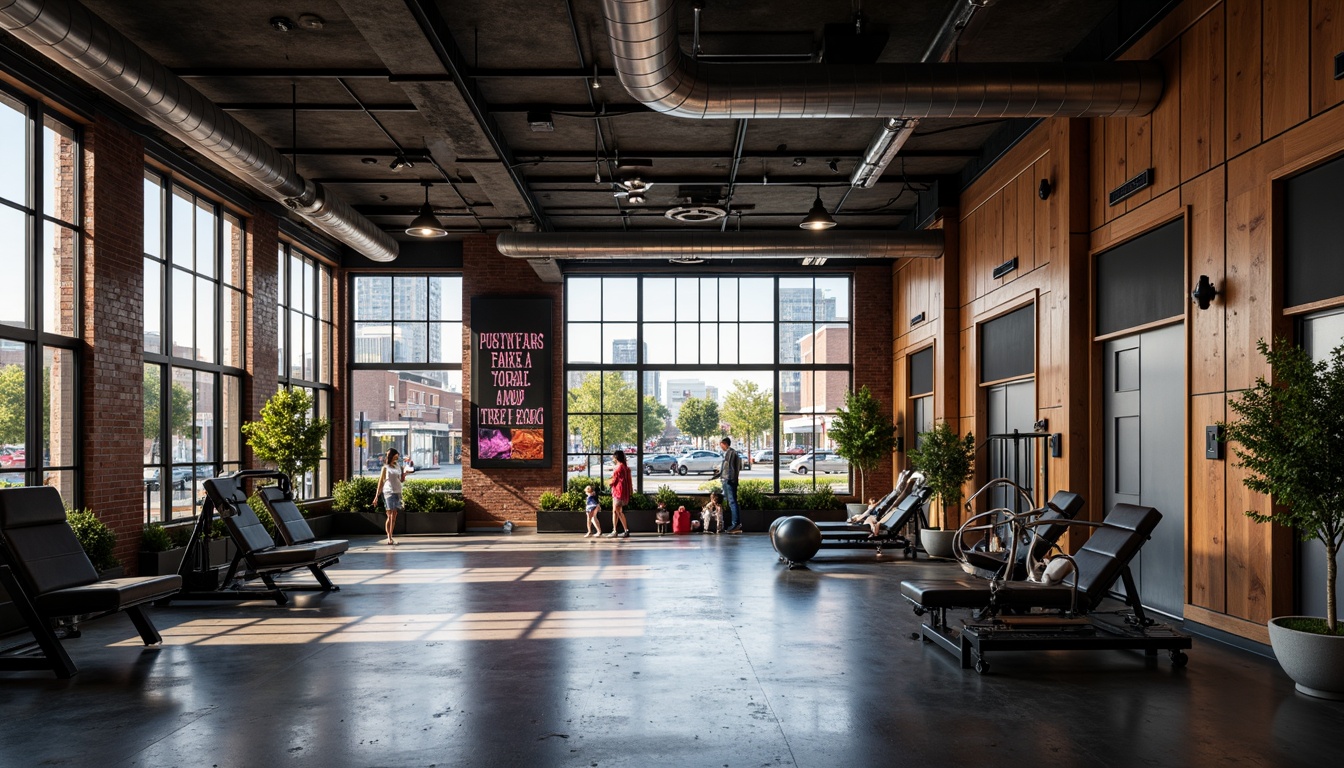 Prompt: Industrial chic fitness club, exposed ductwork, polished concrete floors, metallic accents, neon signage, urban cityscape, bustling streets, morning sunlight, softbox lighting, shallow depth of field, 1/2 composition, realistic textures, ambient occlusion, reclaimed wood walls, steel beams, industrial-style windows, black metal frames, modern minimalist design, vibrant color scheme, motivational quotes, fitness equipment silhouettes.