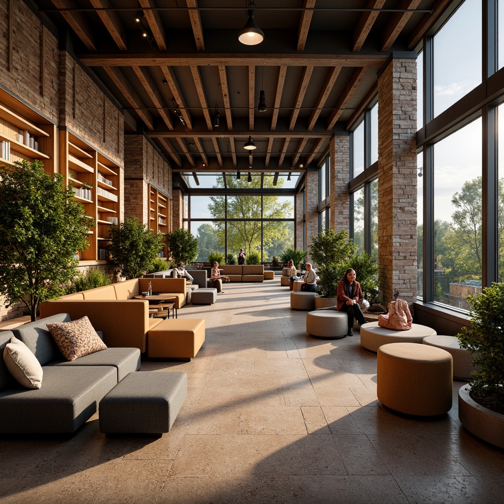 Prompt: Cozy student lounge, warm wooden accents, plush carpeting, comfortable sofas, rustic brick walls, industrial metal beams, natural stone columns, earthy color palette, abundant greenery, floor-to-ceiling windows, soft diffused lighting, shallow depth of field, 3/4 composition, panoramic view, realistic textures, ambient occlusion.