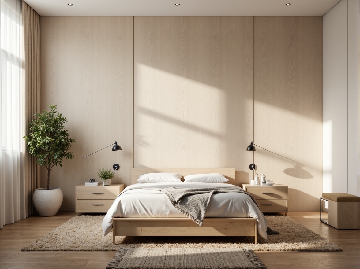 Prompt: Monochromatic dorm room, minimalist decor, soft beige walls, light wood furniture, simple bed frame, crisp white bedding, subtle gray accents, industrial metal lamps, natural fiber rugs, calm atmosphere, warm softbox lighting, shallow depth of field, 1/1 composition, realistic textures, ambient occlusion.