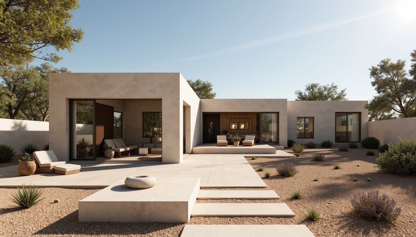 Prompt: Simple desert house, minimalist architecture, clean lines, monochromatic color scheme, stucco exterior, large windows, sliding glass doors, shaded outdoor spaces, xeriscaping, succulent plants, sandy walkways, rustic wooden accents, industrial metal details, subtle texture variations, warm natural lighting, low-angle shot, 1/1 composition, cinematic atmosphere, realistic renderings.