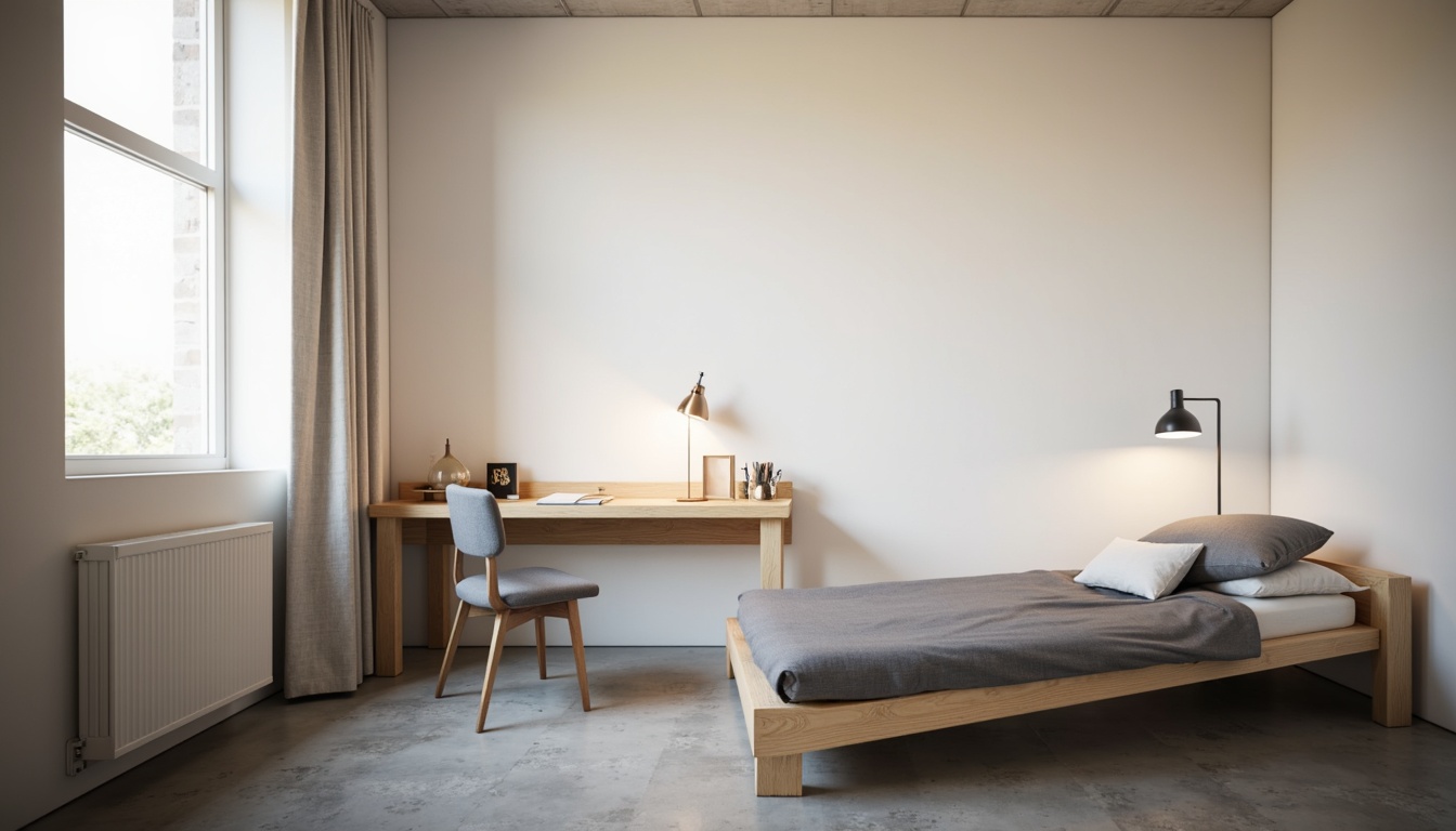 Prompt: Simple dorm room, minimal decor, monochromatic color scheme, sleek wooden furniture, low-profile bed frame, compact desk, ergonomic chair, geometric-shaped nightstand, industrial-style lighting fixtures, concrete floor, plain white walls, subtle textures, soft warm glow, shallow depth of field, 1/1 composition, realistic rendering, ambient occlusion.