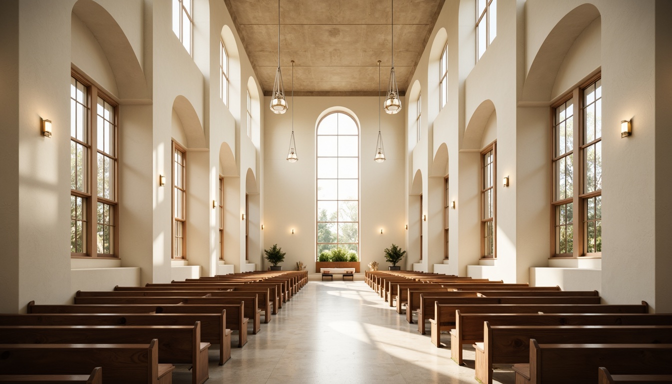 Prompt: Minimalist church interior, high ceilings, clerestory windows, natural light pouring in, subtle shadows, cream-colored walls, polished marble floors, sleek wooden pews, modern chandeliers, abstract stained glass, geometric patterns, ambient lighting, soft warm glow, 1/1 composition, shallow depth of field, realistic textures, ambient occlusion.