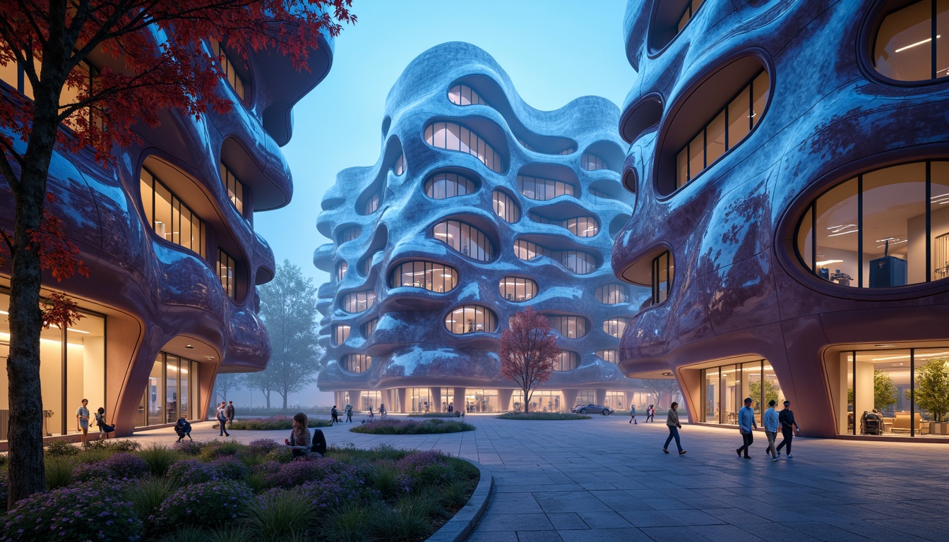 Prompt: Organic blob-shaped buildings, futuristic facade design, iridescent colors, glossy finishes, undulating curves, parametric architecture, algorithmic patterns, LED lighting installations, neon accents, translucent materials, 3D-printed components, cantilevered structures, asymmetrical compositions, abstract shapes, sci-fi ambiance, misty atmosphere, soft focus, shallow depth of field, 1/1 composition, cinematic view.