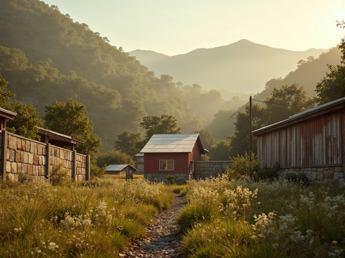 Prompt: Rustic rural landscape, earthy tones, warm beige, soft sage, muted terracotta, weathered wood textures, natural stone walls, vintage metal roofs, wildflower fields, rolling hills, serene countryside, misty morning, golden hour lighting, shallow depth of field, 1/2 composition, intimate focus, realistic atmosphere, subtle color grading.