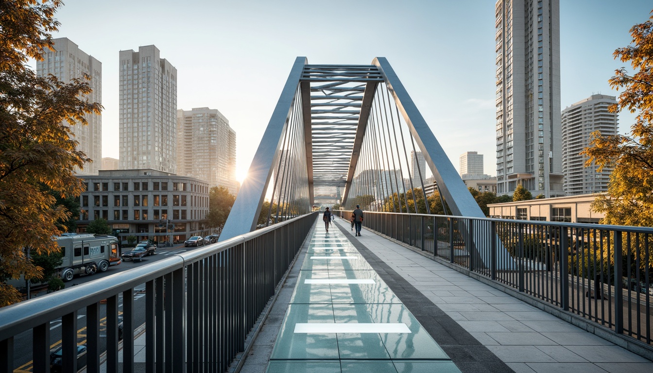 Prompt: Futuristic pedestrian bridge, sleek metal railings, translucent glass floors, LED lighting systems, dynamic structural lines, parametric design, sustainable materials, recycled steel components, durable concrete foundations, vibrant urban surroundings, bustling cityscape, morning misty atmosphere, soft warm lighting, shallow depth of field, 3/4 composition, panoramic view, realistic textures, ambient occlusion.