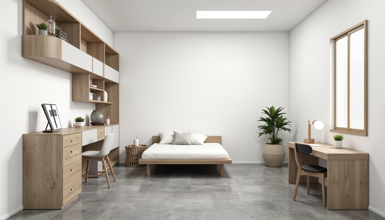 Prompt: Simple dorm room, minimal decor, monochromatic color scheme, sleek wooden furniture, low-profile bed frame, compact desk, ergonomic chair, geometric-shaped nightstand, industrial-style lighting fixtures, concrete floors, plain white walls, subtle textures, natural light, soft shadows, 1/1 composition, realistic rendering, ambient occlusion.