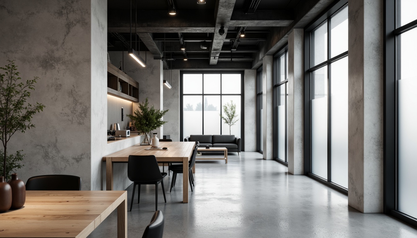 Prompt: Monochromatic interior space, sleek lines, minimal ornamentation, industrial chic aesthetic, polished concrete floors, matte black metal accents, frosted glass partitions, smooth wood surfaces, subtle texture variations, neutral color palette, soft diffused lighting, shallow depth of field, 1/1 composition, realistic reflections, ambient occlusion.