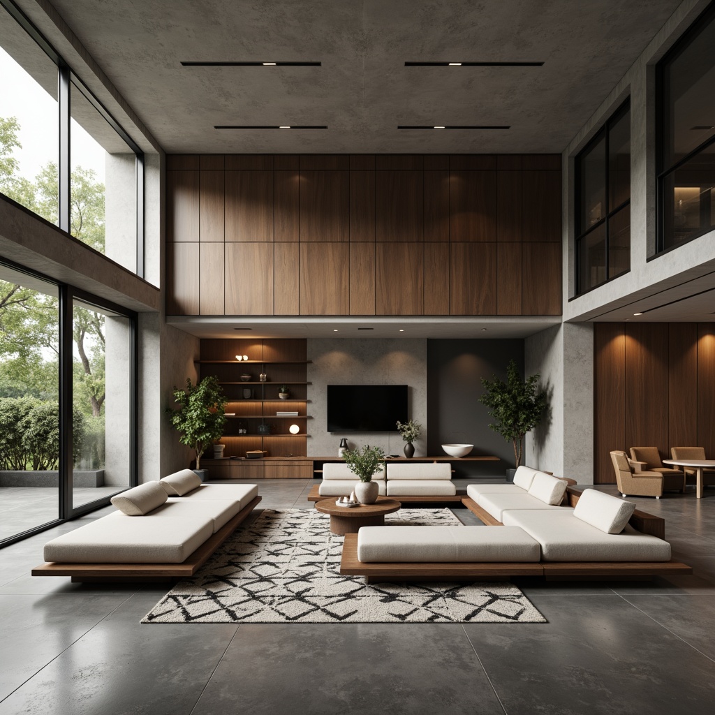 Prompt: Modern minimalist living room, sleek low-profile furniture, neutral color palette, polished concrete floors, floor-to-ceiling windows, natural light pouring in, functional storage units, multi-functional coffee table, comfortable sectional sofa, geometric patterned rug, ambient warm lighting, 1/1 composition, shallow depth of field, realistic textures.