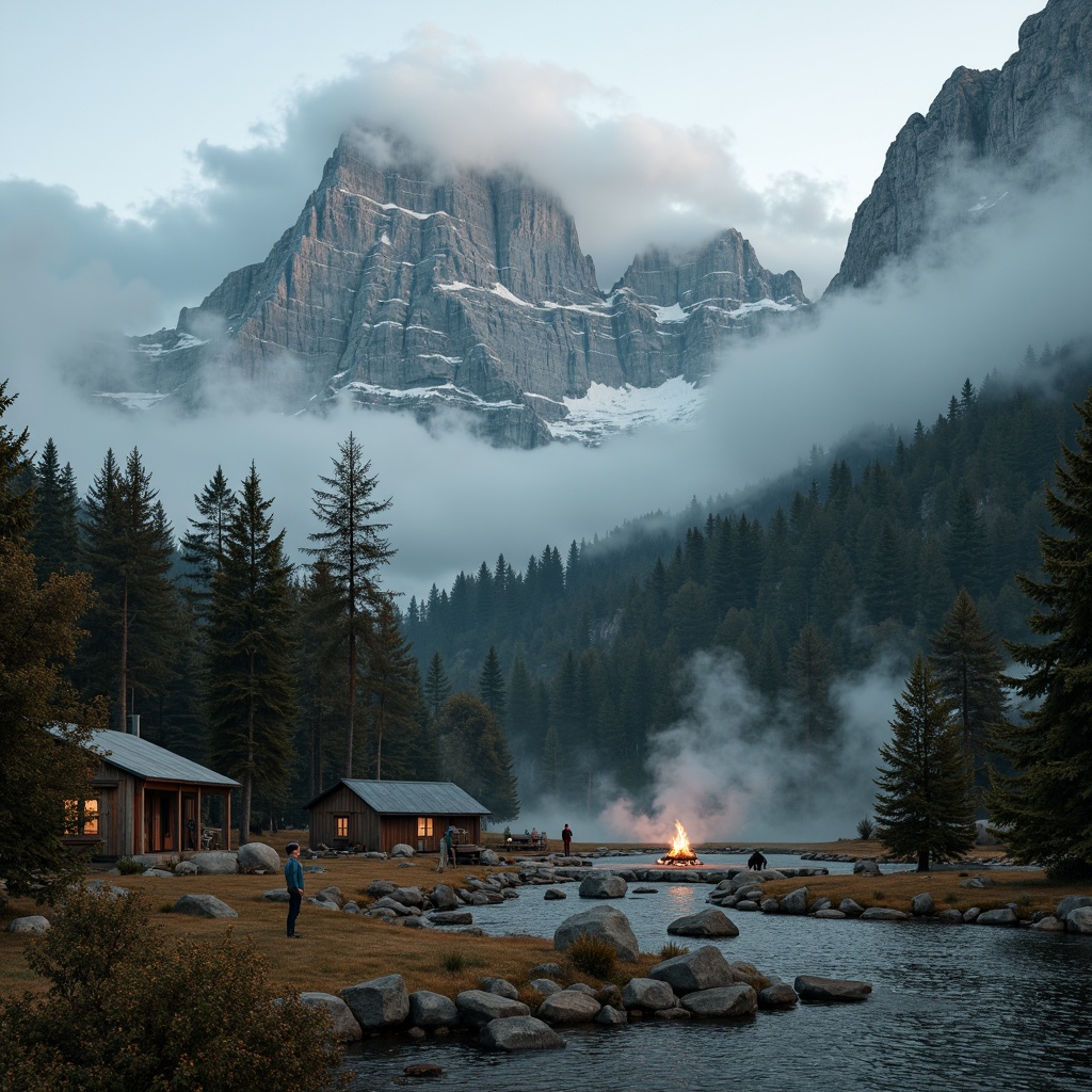 Prompt: Majestic mountain peaks, rugged rocky formations, misty foggy atmosphere, earthy brown terrain, lush green forests, sparkling waterfalls, serene lakeside, rustic wooden cabins, vintage outdoor gear, warm campfire lighting, soft misty morning, cinematic 2.35