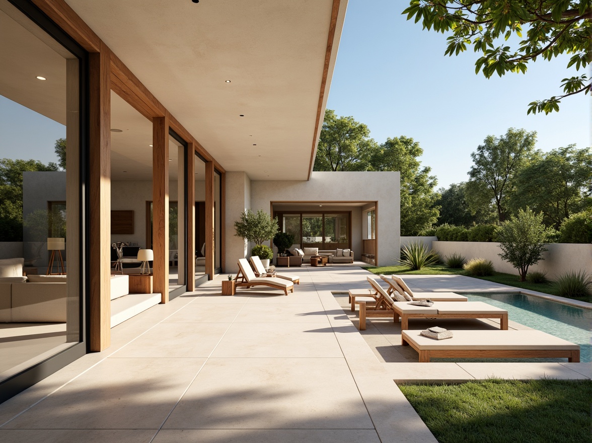 Prompt: Luxurious villa, modernist architecture, clean lines, minimal ornamentation, large windows, sliding glass doors, open-plan living spaces, high ceilings, polished concrete floors, warm beige walls, rich wood accents, sleek metal fixtures, subtle color palette, soft creamy whites, gentle grays, taupe undertones, earthy browns, muted blues, natural stone textures, lush greenery, serene outdoor spaces, sunny day, soft warm lighting, shallow depth of field, 3/4 composition, panoramic view, realistic textures, ambient occlusion.