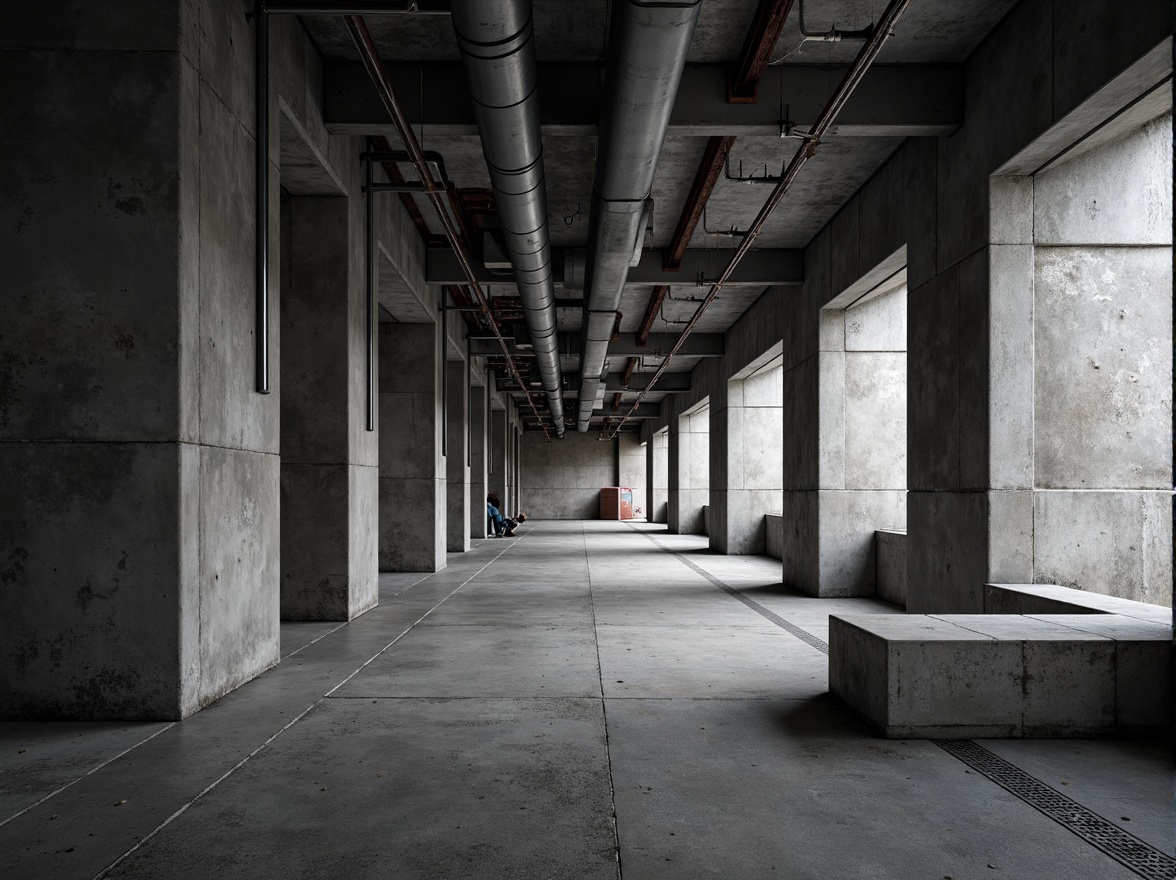 Prompt: Industrial concrete walls, exposed ductwork, metallic beams, urban cityscape, modern brutalist architecture, rough unfinished surfaces, monochromatic color palette, dramatic shadows, high contrast lighting, 1/2 composition, close-up shot, realistic textures, ambient occlusion.