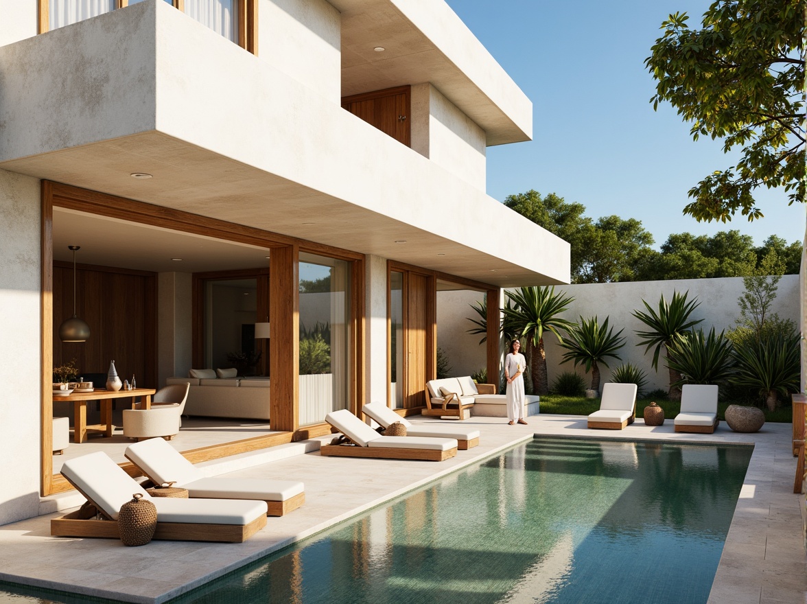 Prompt: Luxurious villa, modernist architecture, clean lines, minimal ornamentation, large windows, sliding glass doors, open-plan living spaces, high ceilings, polished concrete floors, warm beige walls, rich wood accents, sleek metal fixtures, subtle color palette, soft creamy whites, gentle grays, taupe undertones, earthy browns, muted blues, natural stone textures, lush greenery, serene outdoor spaces, sunny day, soft warm lighting, shallow depth of field, 3/4 composition, panoramic view, realistic textures, ambient occlusion.