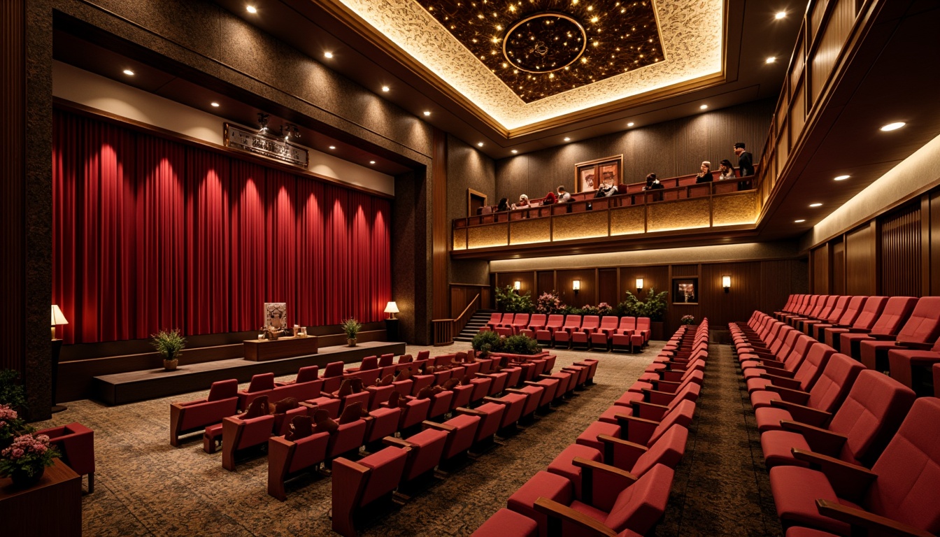 Prompt: Luxurious auditorium interior, rich velvet curtains, warm golden lighting, dark wood accents, plush red seats, ornate metal details, grand chandeliers, sophisticated sound systems, acoustic panels, dramatic spotlights, soft carpeting, elegant staircases, refined architectural lines, subtle texture contrasts, atmospheric ambiance, 1/2 composition, cinematic lighting, realistic reflections.