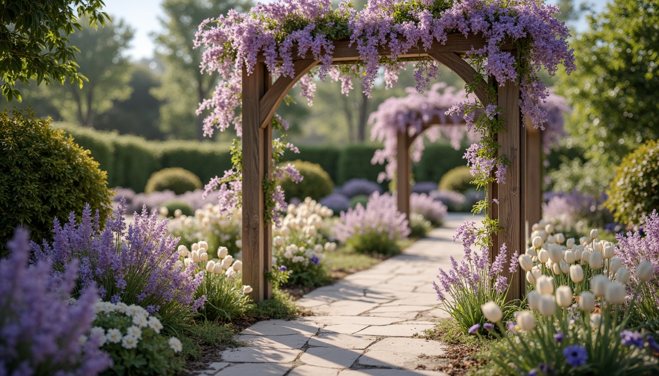 Prompt: Pastel purple flowers, delicate tendrils, soft lavender hues, gentle peach tones, creamy whites, warm beige accents, lush green foliage, whimsical garden scenes, romantic arbors, ornate ironwork, vintage distressed wood, natural stone pathways, dreamy afternoon light, shallow depth of field, 1/1 composition, intimate close-ups, realistic textures, ambient occlusion.