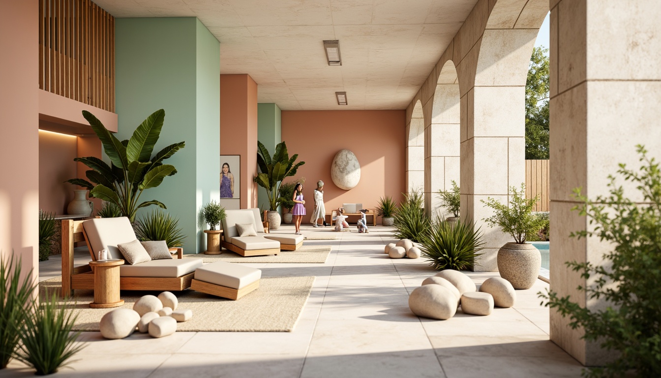 Prompt: Vibrant pastel hues, soft peach tones, calming mint greens, creamy whites, rich wood accents, natural stone textures, earthy terracotta, soothing lavender shades, warm golden lighting, shallow depth of field, 1/1 composition, realistic renderings, ambient occlusion.