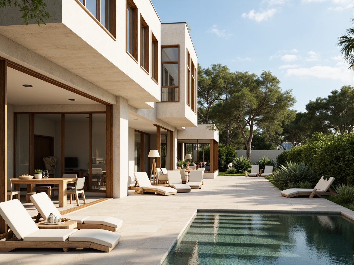 Prompt: Luxurious villa, modernist architecture, clean lines, minimal ornamentation, large windows, sliding glass doors, open-plan living spaces, high ceilings, polished concrete floors, warm beige walls, rich wood accents, sleek metal fixtures, subtle color palette, soft creamy whites, gentle grays, taupe undertones, earthy browns, muted blues, natural stone textures, lush greenery, serene outdoor spaces, sunny day, soft warm lighting, shallow depth of field, 3/4 composition, panoramic view, realistic textures, ambient occlusion.