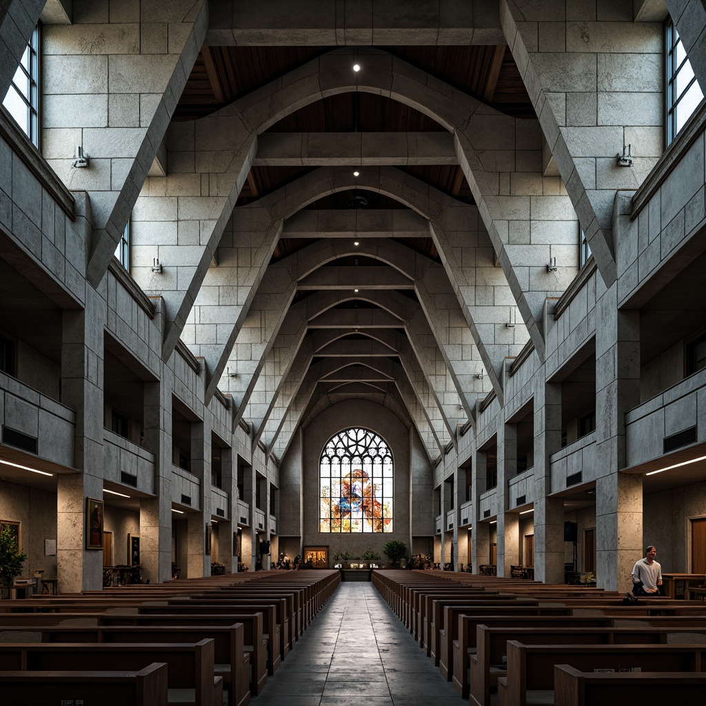 Prompt: Rugged church fa\u00e7ade, brutalist architecture, raw concrete textures, fortress-like structures, dramatic cantilevered roofs, angular lines, minimalist ornamentation, industrial materials, steel beams, exposed ductwork, stained glass windows, dimly lit interiors, vaulted ceilings, grandiose scale, imposing verticality, atmospheric lighting, high contrast shadows, 1/1 composition, symmetrical framing, realistic renderings, ambient occlusion.