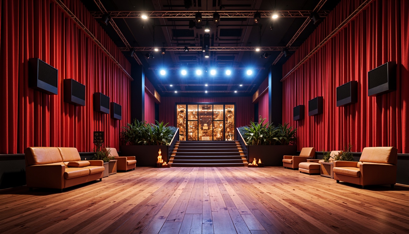 Prompt: Vibrant music venue, polished wooden floors, luxurious velvet curtains, metallic accents, glossy finish, spotlights, stage lighting, soundproofing materials, acoustic panels, rich wood tones, plush seating areas, intimate atmosphere, warm color palette, softbox lighting, 3/4 composition, shallow depth of field, realistic textures, ambient occlusion.