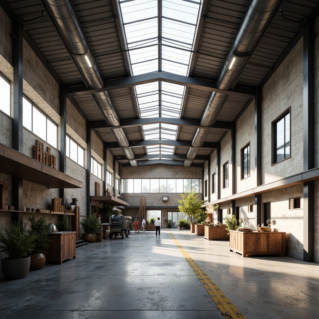 Prompt: Industrial factory setting, minimalist aesthetic, exposed ductwork, polished concrete floors, steel beams, large windows, clerestory windows, skylights, transparent roofs, natural light pouring in, soft warm glow, subtle shadows, industrial chic decor, reclaimed wood accents, metal machinery, functional simplicity, open floor plan, airy atmosphere, diffused lighting, 1/1 composition, realistic textures, ambient occlusion.