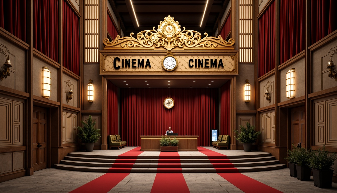 Prompt: Retro cinema facade, ornate decorations, vintage signage, red carpet entrance, golden accents, luxurious velvet curtains, dimly lit lobby, grand staircase, opulent chandeliers, rich wood paneling, intricate moldings, Art Deco patterns, geometric shapes, bold typography, cinematic lighting, warm color palette, shallow depth of field, 1/1 composition, realistic textures, ambient occlusion.