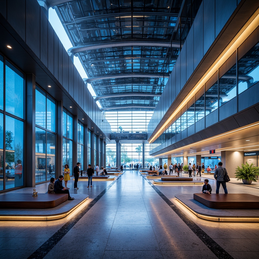 Prompt: Aerodynamic airport terminal, sleek glass fa\u00e7ade, metallic cladding, cantilevered rooflines, minimalist columns, modernist architecture, large windows, sliding doors, LED lighting systems, futuristic interior design, spacious atriums, polished marble floors, stainless steel handrails, geometric patterns, vibrant color schemes, dynamic angular lines, shallow depth of field, 1/1 composition, panoramic view, realistic textures, ambient occlusion.