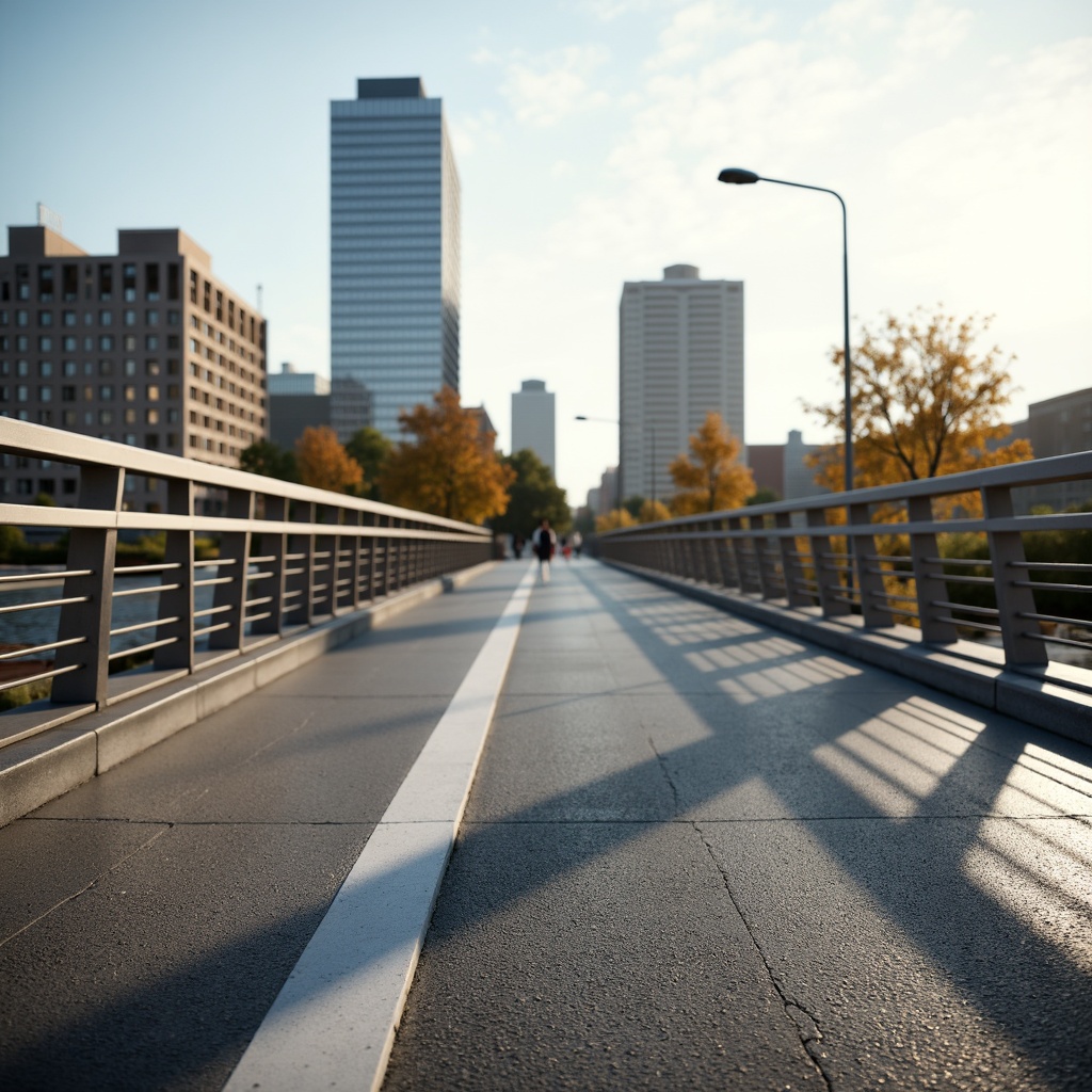 Prompt: Pedestrian bridge, sleek modern design, stainless steel railings, horizontal bars, rounded edges, safety features, anti-slip coatings, urban landscape, city skyline, sunny day, soft warm lighting, shallow depth of field, 3/4 composition, panoramic view, realistic textures, ambient occlusion.