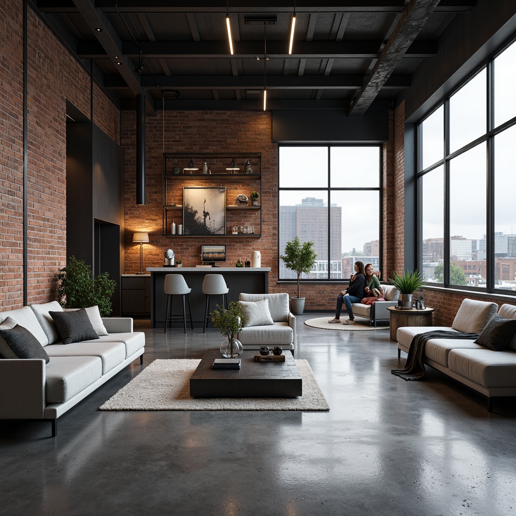 Prompt: Industrial chic loft, exposed brick walls, metal beams, polished concrete floors, sleek modern furniture, minimalist decor, neutral color palette, monochromatic tones, metallic accents, LED lighting, futuristic ambiance, high-tech gadgets, urban cityscape views, cloudy day, soft diffused light, shallow depth of field, 1/1 composition, realistic textures, ambient occlusion.