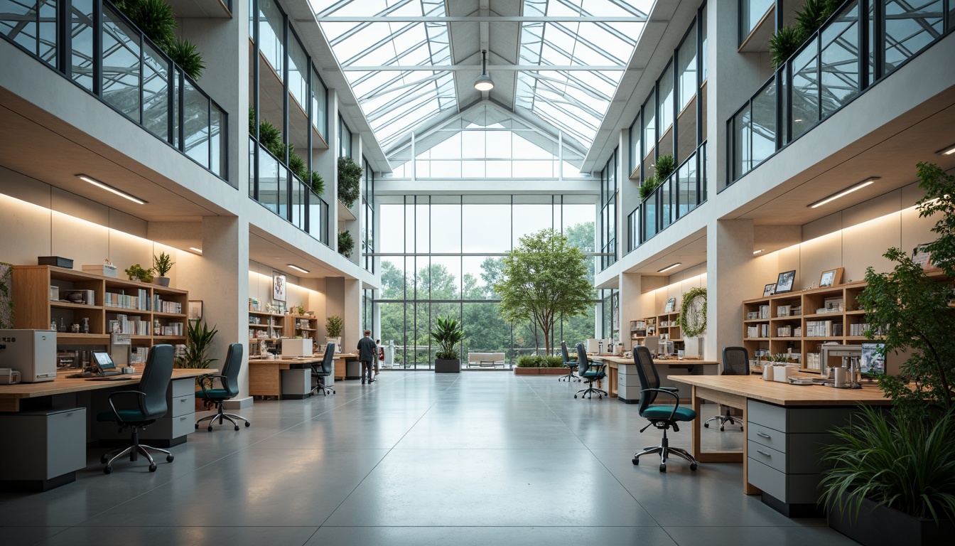 Prompt: Modern laboratory interior, abundant natural light, large skylights, clerestory windows, transparent glass walls, minimalist decor, sleek metal equipment, wooden workbenches, ergonomic chairs, green plants, soft warm lighting, shallow depth of field, 1/1 composition, realistic textures, ambient occlusion, sterile atmosphere, futuristic design elements, high-tech gadgets, innovative scientific instruments.