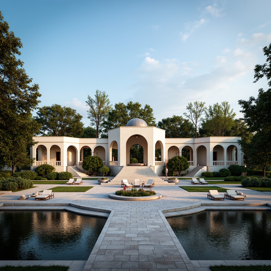 Prompt: Elegant memorial center, symmetrical architecture, solemn atmosphere, reverent ambiance, harmonious proportions, balanced composition, central axis, radial symmetry, circular motifs, arches, domes, grand entrance, sweeping staircases, ornate details, somber color palette, natural stone materials, subtle lighting, soft shadows, contemplative mood, peaceful surroundings, lush greenery, serene water features, majestic trees, cloudless blue sky, warm sunlight, shallow depth of field, 1/1 composition, realistic textures.