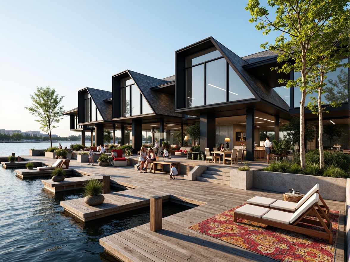 Prompt: Waterfront boathouse, rustic wooden docks, serene lake views, modern glazing systems, floor-to-ceiling windows, sliding glass doors, reflective water-inspired fa\u00e7ades, angular metal frames, minimalist design, sustainable energy solutions, solar panels, green roofs, eco-friendly materials, innovative cooling technologies, shaded outdoor spaces, misting systems, nautical-themed decorations, vibrant colorful textiles, intricate geometric motifs, warm soft lighting, shallow depth of field, 3/4 composition, panoramic view, realistic textures, ambient occlusion.