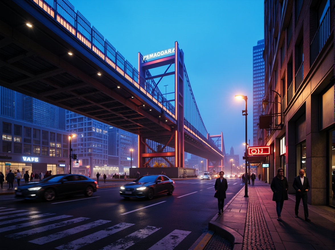 Prompt: Futuristic bridge design, sleek metal structures, LED lighting systems, neon accents, dynamic color changing effects, misty atmospheric fog, urban cityscape, modern skyscrapers, bustling streets, vibrant nightlife, high-contrast dramatic lighting, 3/4 composition, low-angle shot, cinematic mood, realistic reflections, ambient occlusion.