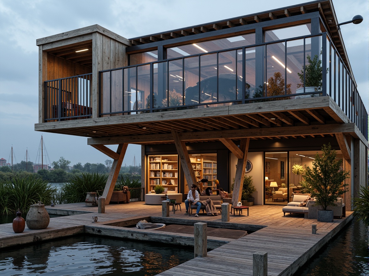 Prompt: Waterfront boathouse, rustic wooden dock, nautical ropes, sailboat masts, weathered wood accents, corrugated metal roofing, glass-enclosed observation deck, cantilevered upper floor, angular steel beams, industrial-style lighting fixtures, reclaimed wood interior, cozy reading nooks, plush furnishings, warm ambient lighting, shallow depth of field, 1/1 composition, realistic textures, soft focus effect.