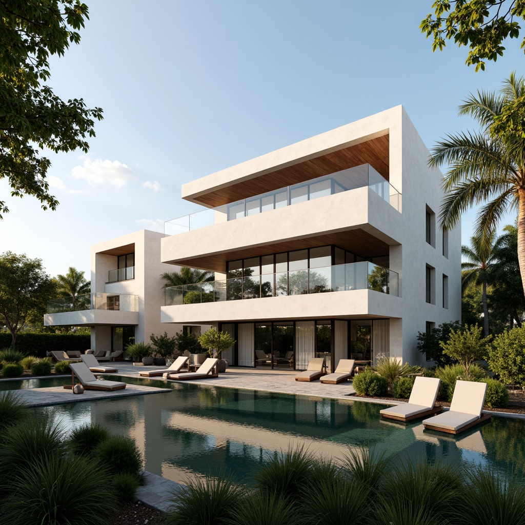 Prompt: Luxurious villa, modernist facade, clean lines, minimal ornamentation, large windows, sliding glass doors, white stucco walls, flat roofs, cantilevered balconies, steel railings, lush greenery, tropical plants, palm trees, sunny day, soft warm lighting, shallow depth of field, 3/4 composition, panoramic view, realistic textures, ambient occlusion.