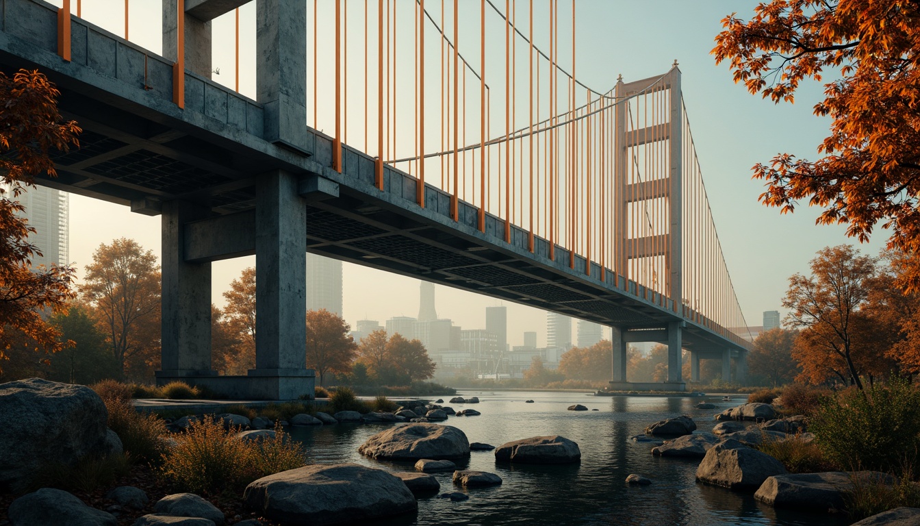 Prompt: Vibrant orange suspension cables, deep blue steel beams, warm golden lighting, misty atmospheric effects, rugged stone piers, dynamic angular shapes, bold geometric patterns, expressive brushstroke textures, moody chiaroscuro shading, dramatic high-contrast colors, futuristic urban landscape, bustling cityscape, fast-paced cinematic camera movements, shallow depth of field, 2.5D composition, stylized realistic rendering.