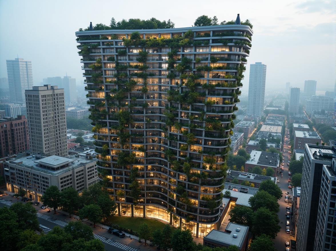 Prompt: Curved skyscraper, organic forms, lush green walls, living roofs, solar panels, wind turbines, rainwater harvesting systems, recycled materials, natural ventilation, large windows, minimal shading devices, soft warm lighting, shallow depth of field, 3/4 composition, panoramic view, realistic textures, ambient occlusion, urban jungle, bustling cityscape, morning fog, misty atmosphere, vibrant city lights, eclectic neighborhood, artistic street art.