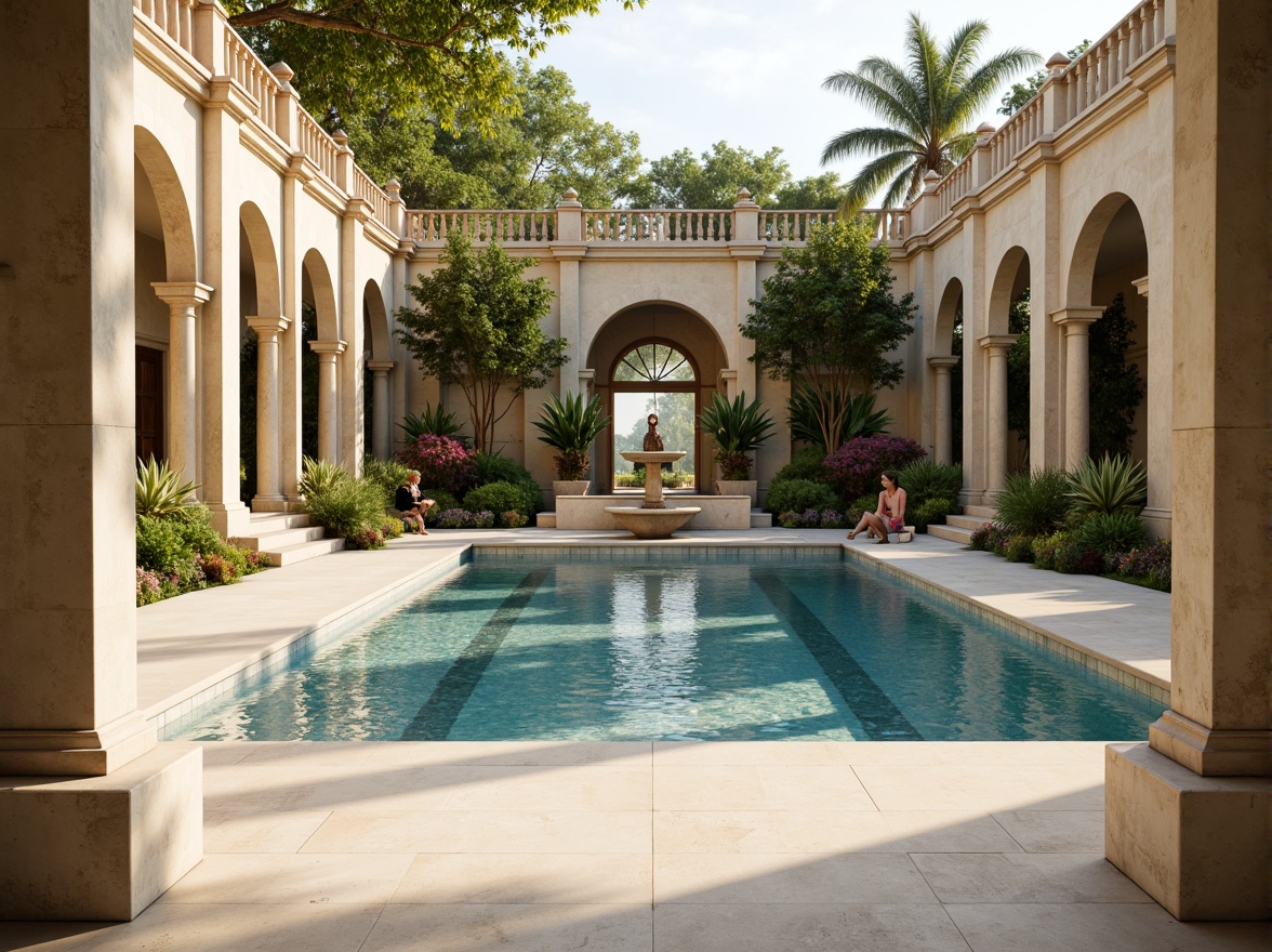 Prompt: Elegant poolside, soft cream marble, warm beige stone, ornate fountain, classical columns, symmetrical architecture, lush greenery, vibrant flowers, subtle water features, gentle ripples, serene atmosphere, natural light, warm golden lighting, shallow depth of field, 1/1 composition, realistic textures, ambient occlusion, calming color palette, soft blues, creamy whites, muted golds, earthy tones.