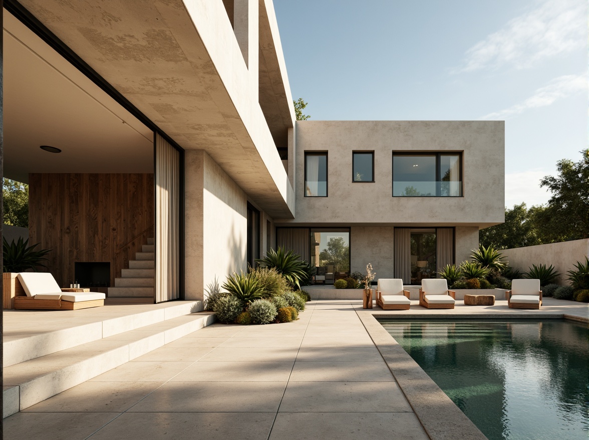 Prompt: Luxurious villa, modernist architecture, clean lines, minimal ornamentation, large windows, sliding glass doors, open-plan living spaces, high ceilings, polished concrete floors, warm beige walls, rich wood accents, sleek metal fixtures, subtle color palette, soft creamy whites, gentle grays, taupe undertones, earthy browns, muted blues, natural stone textures, lush greenery, serene outdoor spaces, sunny day, soft warm lighting, shallow depth of field, 3/4 composition, panoramic view, realistic textures, ambient occlusion.