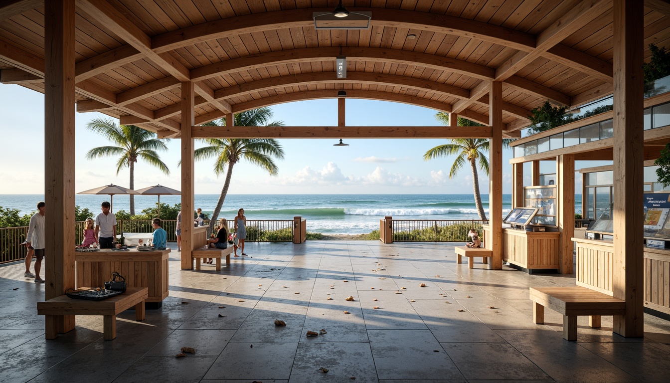 Prompt: Seaside train station, ocean views, waves crashing, salty air, nautical theme, modern architecture, curved lines, wooden accents, large windows, natural light, beach-inspired colors, sandy textures, driftwood benches, marine life displays, educational signs, tidal patterns, ocean breeze, soft warm lighting, shallow depth of field, 3/4 composition, panoramic view, realistic textures, ambient occlusion.