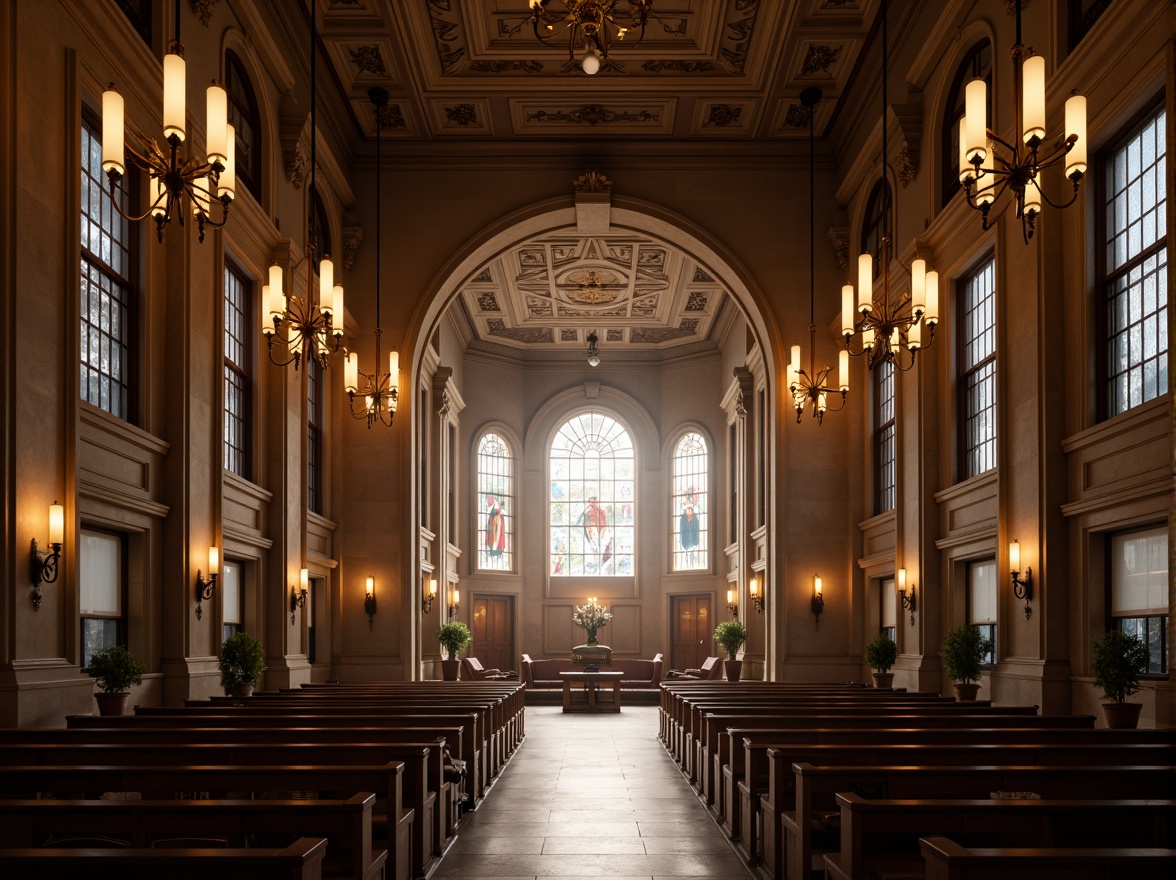 Prompt: Elegant worship hall, high ceilings, grand chandeliers, soft warm lighting, subtle color temperature, ambient illumination, LED strip lights, minimalist fixtures, sacred symbols, intricate stone carvings, stained glass windows, natural light pouring in, dramatic shadows, 1/1 composition, symmetrical framing, realistic textures, atmospheric rendering.