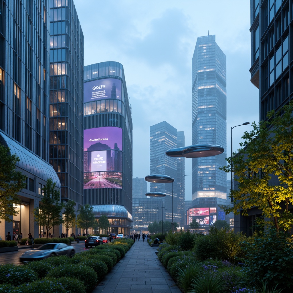 Prompt: Futuristic cityscape, neon-lit skyscrapers, holographic advertisements, levitating transportation pods, curved metallic buildings, iridescent glass facades, angular rooftops, verdant green walls, hydroponic gardens, misty atmospheric effects, soft blue ambient lighting, shallow depth of field, 1/1 composition, panoramic view, realistic reflections, ambient occlusion, sleek modern furniture, minimalist decor, futuristic gadgets, virtual reality interfaces, augmented reality displays.