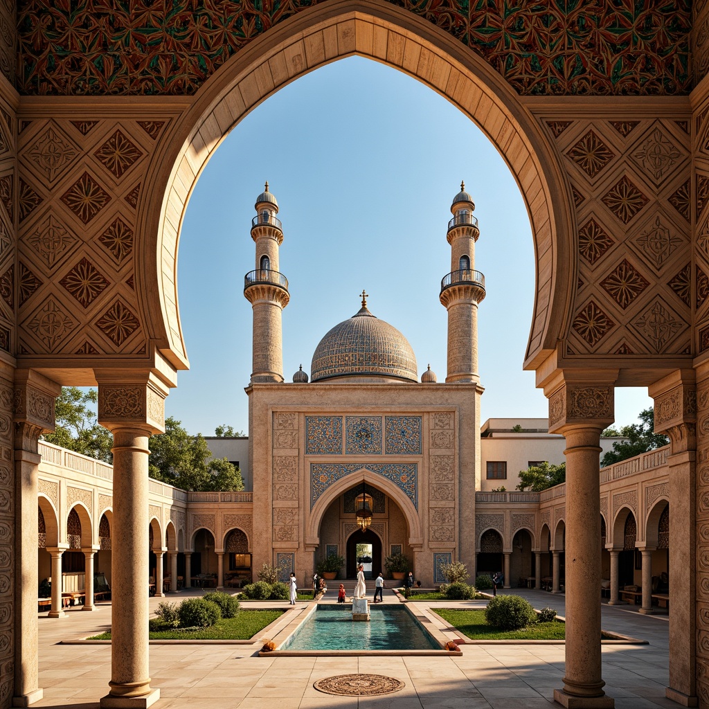 Prompt: Vibrant Islamic-inspired architecture, intricate geometric motifs, ornate tile work, symmetrical archways, grand domes, minarets, colorful mosaics, luxurious textiles, opulent furnishings, lavish decorations, majestic columns, ornamental fountains, serene courtyards, natural stone flooring, warm golden lighting, shallow depth of field, 3/4 composition, panoramic view, realistic textures, ambient occlusion.