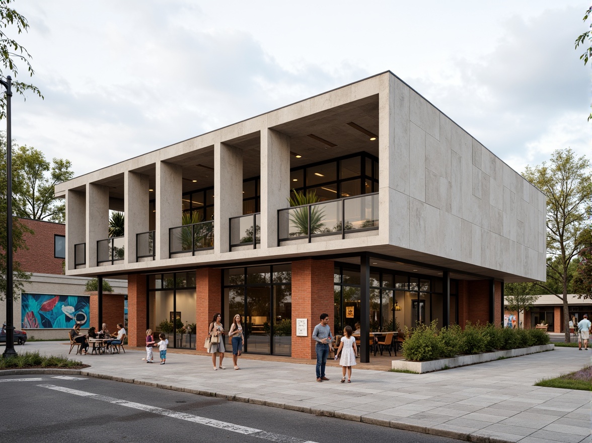 Prompt: Rustic community center, Bauhaus-inspired facade, rectangular forms, clean lines, industrial materials, exposed brick walls, steel beams, large windows, minimalist decor, functional simplicity, earthy color palette, natural textures, communal outdoor spaces, vibrant street art, urban landscape, cloudy sky, soft diffused lighting, 1/1 composition, realistic renderings, ambient occlusion.