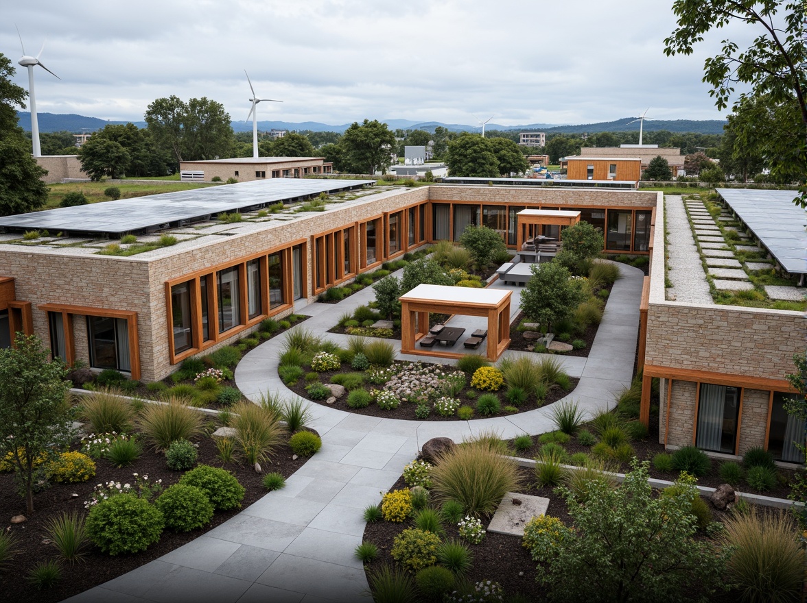 Prompt: Eco-friendly campus, regionalist architecture, green roofs, solar panels, wind turbines, rainwater harvesting systems, natural stone walls, reclaimed wood accents, large windows, clerestory lighting, open-air courtyards, native plant species, organic gardens, composting facilities, recycling centers, energy-efficient buildings, minimalist design, earthy color palette, warm ambient lighting, shallow depth of field, 3/4 composition, panoramic view, realistic textures, ambient occlusion.