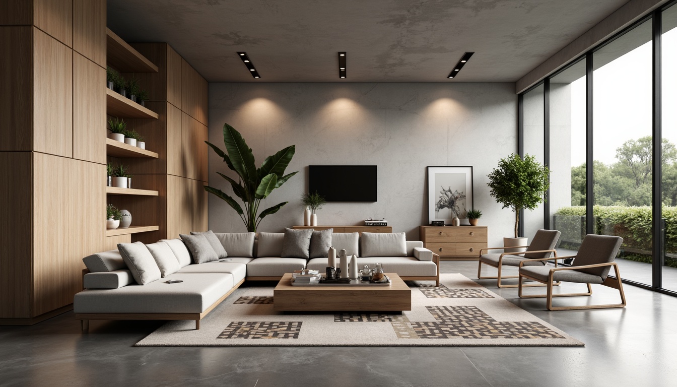 Prompt: Modern minimalist living room, sleek low-profile furniture, neutral color palette, polished concrete floors, floor-to-ceiling windows, natural light pouring in, functional storage units, multi-functional coffee table, comfortable sectional sofa, geometric patterned rug, ambient warm lighting, 1/1 composition, shallow depth of field, realistic textures.