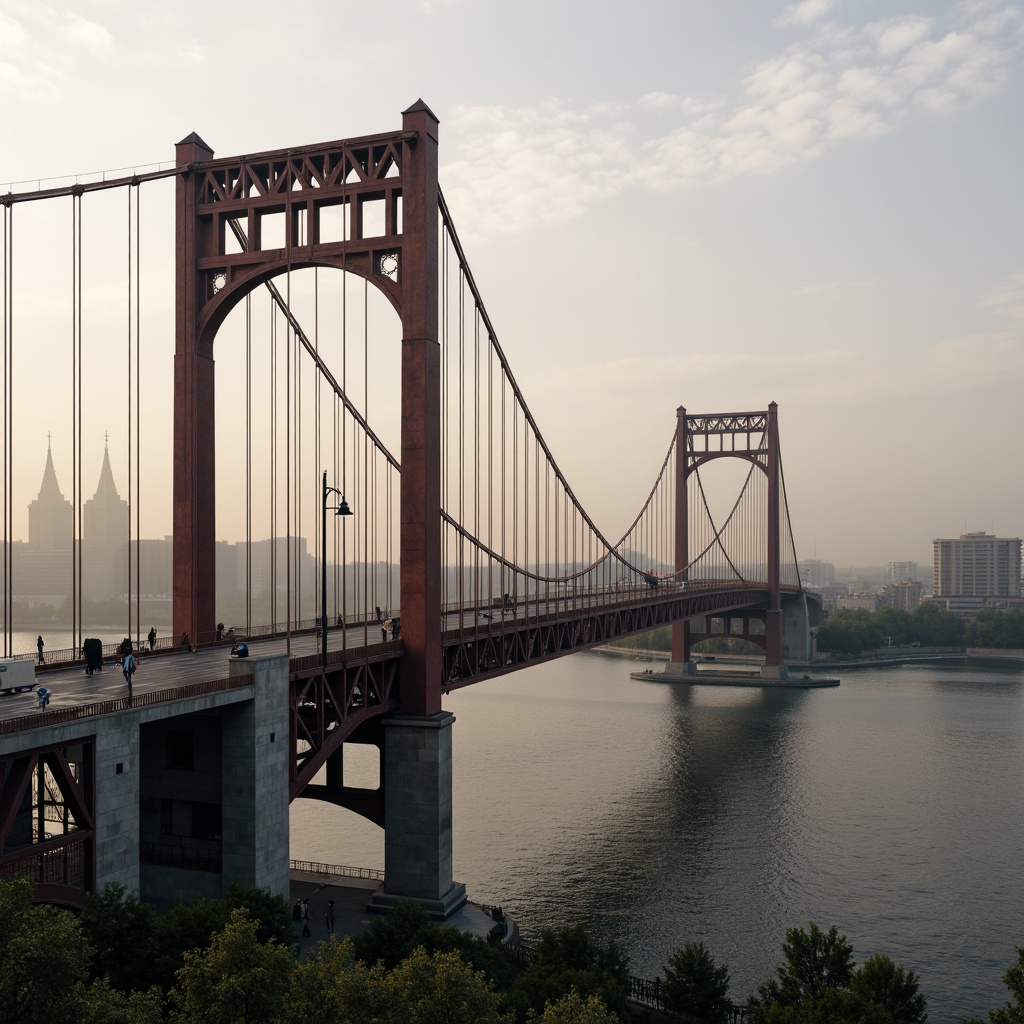 Prompt: Rustic vehicular bridge, steel arches, suspension cables, concrete piers, asphalt roadways, metallic railings, modern infrastructure design, urban cityscape, misty morning atmosphere, soft warm lighting, shallow depth of field, 3/4 composition, panoramic view, realistic textures, ambient occlusion.