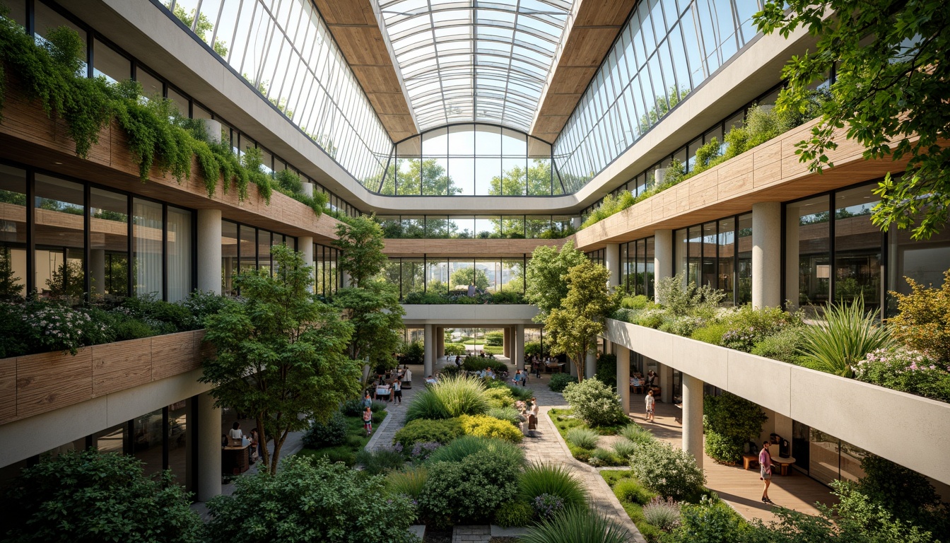 Prompt: Vibrant atrium, lush greenery, floor-to-ceiling windows, clerestory windows, skylights, transparent roofs, reflective surfaces, minimal obstructions, open floor plans, curved lines, organic shapes, earthy tones, natural materials, reclaimed wood accents, living walls, vertical gardens, abundant daylight, soft warm lighting, shallow depth of field, 1/1 composition, panoramic view, realistic textures, ambient occlusion.