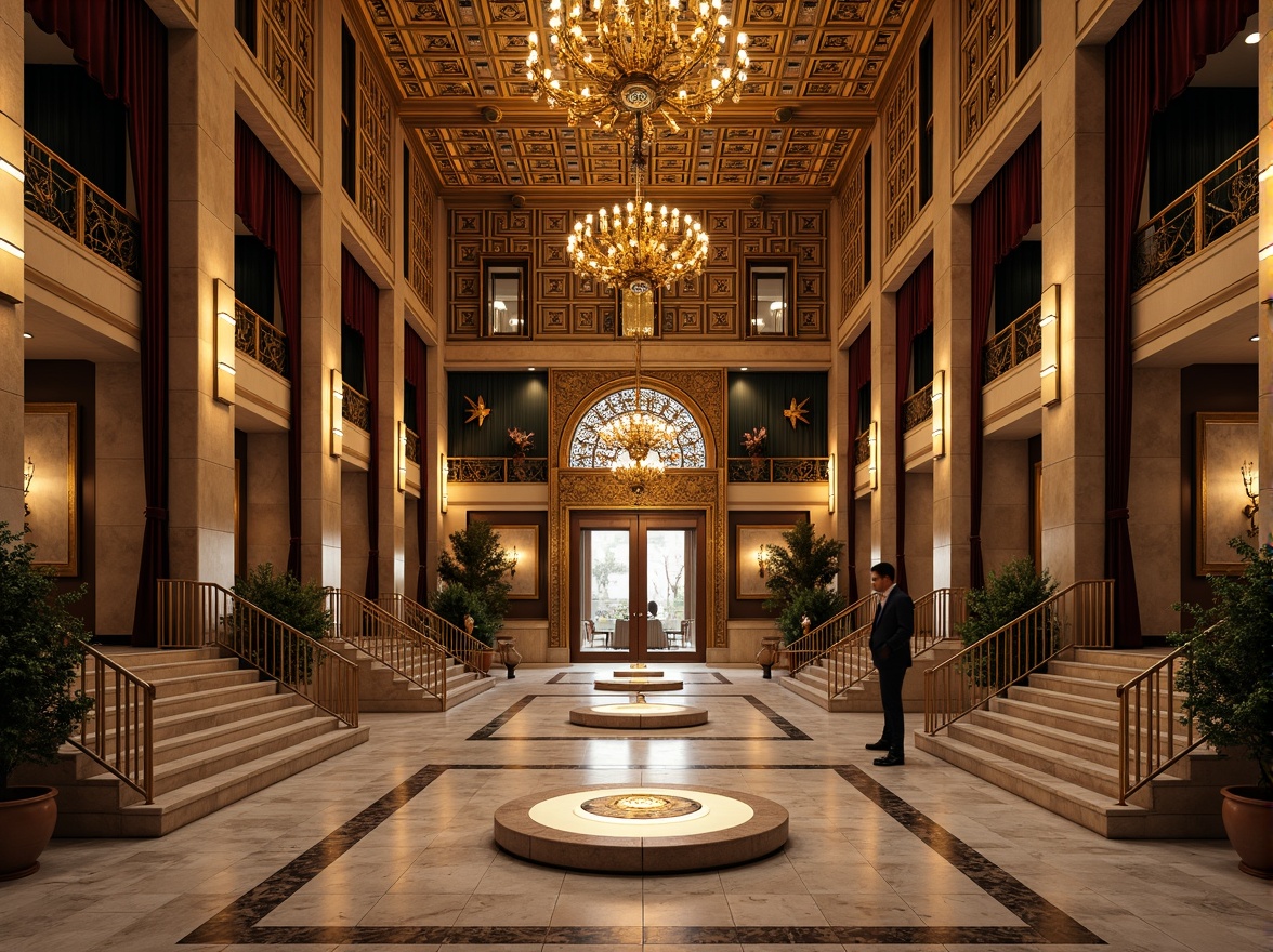 Prompt: Grandiose memorial center, ornate bronze doors, intricate geometric patterns, lavish chandeliers, opulent marble floors, ornamental metalwork, stylized floral motifs, luxurious velvet drapes, majestic stone columns, symmetrical architecture, grand staircases, dramatic lighting effects, warm golden tones, shallow depth of field, 1/2 composition, realistic textures, ambient occlusion.